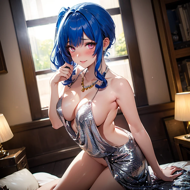 ,St.Louis_LuxuryHandle, 1girl,独奏, silver dress, blue hair, side ponytail, thighs, upper body, standing, jewelry, bare shoulders, necklace, large breasts, revealing clothes,backless outfit, nsfw,hentai,perfect anatomy,perfect human structure,(masterpiece:1.4),(best quality:1.4), ultra detailed,Beautiful and detailed eyes,8K,detailed beautiful face and eyes,official art,beauriful and detailed illustration,super detailed skin,gleaming skin,pale skin,shiney beautiful skin, sexly,erect nipples, (blush:1.4),(in heat:1.3),(want to sex:1.3),seductive smile,Taunt,Invite,Seduce, Natural and beautiful light (sexly pose:1.4),from front,looking at viewer,indoors,night, ,add more details,