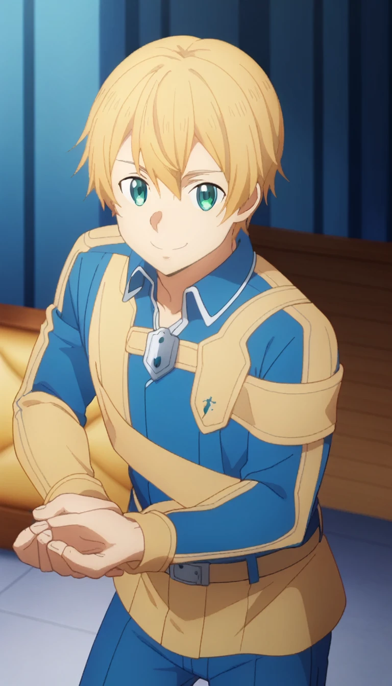 score_9,  eugeo, 1boy, bangs, deepblue hoodie, blue overcoat, blonde hair, blue eyes, smile, eugeo, green eyes, long sleeves, looking at viewer, male focus, blue pants, solo