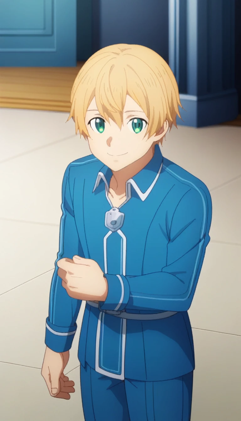 score_9,  eugeo, 1boy, bangs, deepblue hoodie, blue overcoat, blonde hair, blue eyes, smile, eugeo, green eyes, long sleeves, looking at viewer, male focus, blue pants, solo