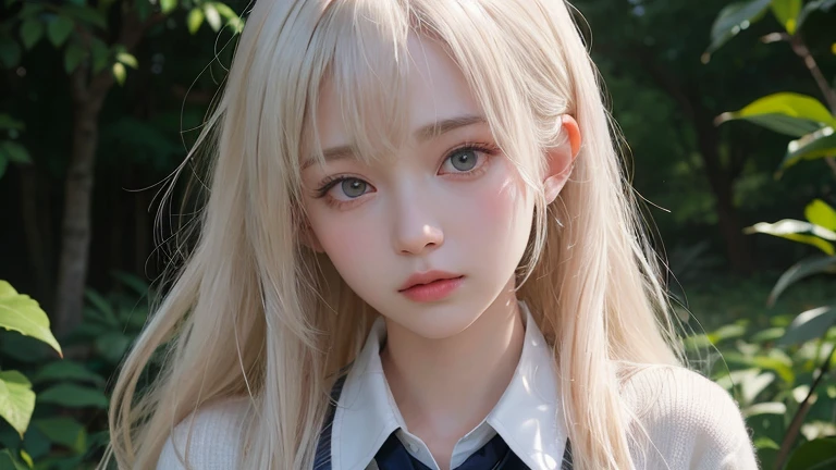 (Long Hair, bangs, Platinum Blonde Hair:1.2),(Wear a cardigan over a collared shirt:1.2),1 girl,Japanese,21 years old,(Small breasts:1.3),(Highest quality,masterpiece:1.3,超A high resolution,),(Ultra-detailed,Caustics),(Photorealistic:1.4,RAW shooting,)Ultra-Realistic Capture,Very detailed,High resolution 16K human skin close-up。 Natural skin texture、,Pores、、It needs to be detailed enough to be easily identifiable。 Skin should be even-toned and healthy looking。 Use natural light and colour, Sad expression, Looking at the camera, Perfect dynamic composition, Outdoor
