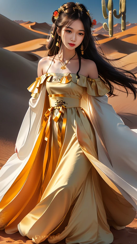 Girl in traditional Chinese clothing, Hanfu, Guzhen Hanfu women, White Hanfu,(long straight black hair:1.5), black eyes, black bun hairstyle, hair accessories ,gold long earrings, , Dia Necklace, Clear eyes, Facing forward,put on makeup, Long eyelashes ,(black long shoulder coat:1.8), (Very long skirt, black:1.5), ((Whole body covering)), Clear face, hair accessoriesจำนวนมาก , (Very beautiful face, Beautiful mouth, beautiful eyes), detailed face, ((Ultra-fine skin)), In the dark, deep shadows, an ancient Chinese girl (Very slim figure 1.3) ,Plump breasts, elegant posture , There is a red flower spot on the forehead. , pointing at the camera, (desert:1.5),
