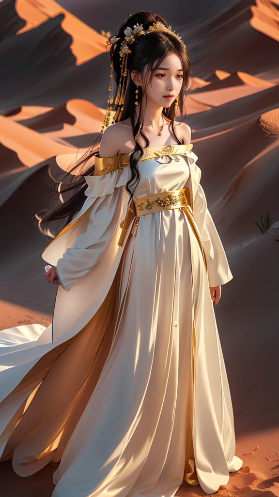 Girl in traditional Chinese clothing, Hanfu, Guzhen Hanfu women, White Hanfu,(long straight black hair:1.5), black eyes, black bun hairstyle, hair accessories ,gold long earrings, , Dia Necklace, Clear eyes, Facing forward,put on makeup, Long eyelashes ,(black long shoulder coat:1.8), (Very long skirt, black:1.5), ((Whole body covering)), Clear face, hair accessoriesจำนวนมาก , (Very beautiful face, Beautiful mouth, beautiful eyes), detailed face, ((Ultra-fine skin)), In the dark, deep shadows, an ancient Chinese girl (Very slim figure 1.3) ,Plump breasts, elegant posture , There is a red flower spot on the forehead. , pointing at the camera, (desert:1.5),