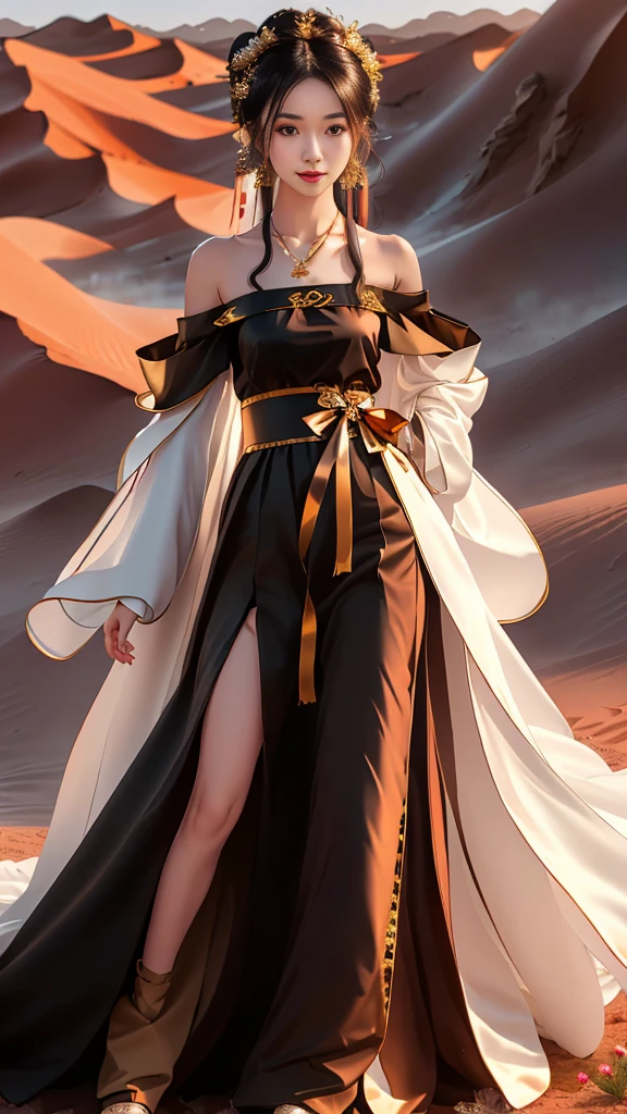 Girl in traditional Chinese clothing, Hanfu, Guzhen Hanfu women, White Hanfu,(long straight black hair:1.5), black eyes, black bun hairstyle, hair accessories ,gold long earrings, , Dia Necklace, Clear eyes, Facing forward,put on makeup, Long eyelashes ,(black long shoulder coat:1.8), (Very long skirt, black:1.5), ((Whole body covering)), Clear face, hair accessoriesจำนวนมาก , (Very beautiful face, Beautiful mouth, beautiful eyes), detailed face, ((Ultra-fine skin)), In the dark, deep shadows, an ancient Chinese girl (Very slim figure 1.3) ,Plump breasts, elegant posture , There is a red flower spot on the forehead. , pointing at the camera, (desert:1.5),