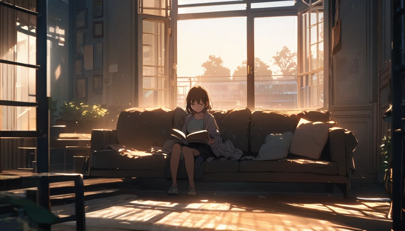 Girl sitting on sofa reading a book,In front of a large window,Morning sunlight,Streetscape