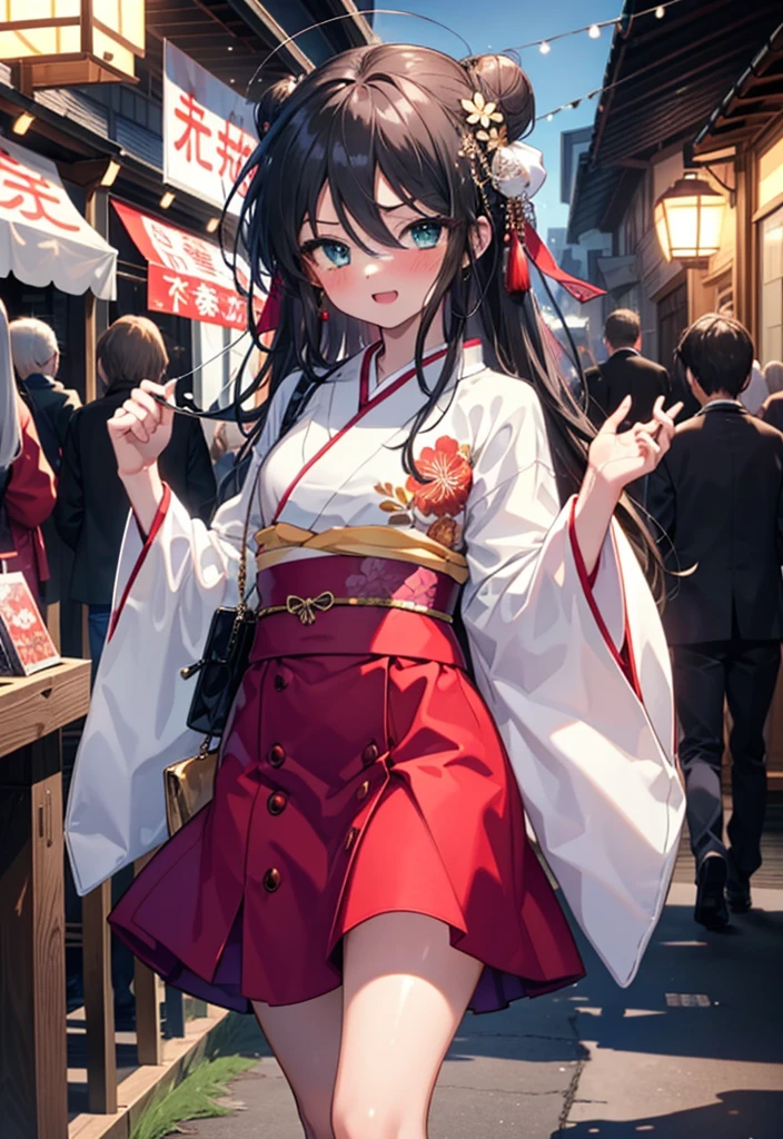 Shana,灼眼のShana,Long Hair, A girl with long red hair and red eyes,Ahoge,smile,blush,Open your mouth,Hair Bun, single Hair Bun,blush,Red Kimono,Thick sleeves,Red long skirt,Sandals,日本のfestival,夏festivalの屋台,Red lantern,So that the whole body goes into the illustration,Walking, break looking at viewer, Upper Body (Cowboy Shot:1. 5), break outdoors, shrine,festival, break (masterpiece:1.2), Highest quality, High resolution, unity 8k wallpaper, (shape:0.8), (Beautiful and beautiful eyes:1.6), Highly detailed face, Perfect lighting, Highly detailed CG, (Perfect hands, Perfect Anatomy),