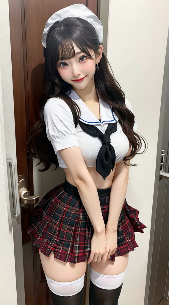Highest quality、Realistic touch,High definition、Photorealistic、Skirt too short、Big eyes、Thin and slim body、Huge 、Wearing clothes that are too small、Strong eyelashes、Sexy、Esbian all over、Obedient smile、Blushed、Kamimei、Small waist、Voluptuous thighs、A dreamy look、School classroom、Junior high school student in sailor suit、No sleeve、expensive、少し上からのアングル a woman in a school girl outfit stands near a doorway, her breasts exposed, 1girl, nipples, 独奏, thighhighs, female pubic hair, pubic hair, breasts, black hair, , skirt, pussy, serafuku, white thighhighs