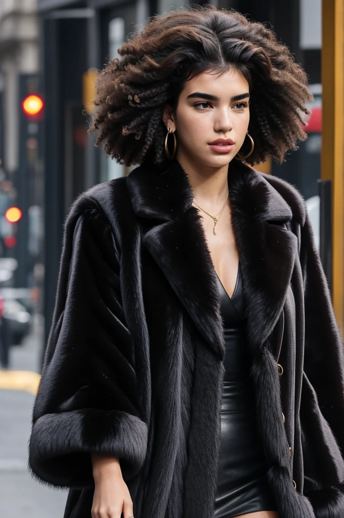 Dua Lipa, giant, afro hair cut, fur coat, 32k