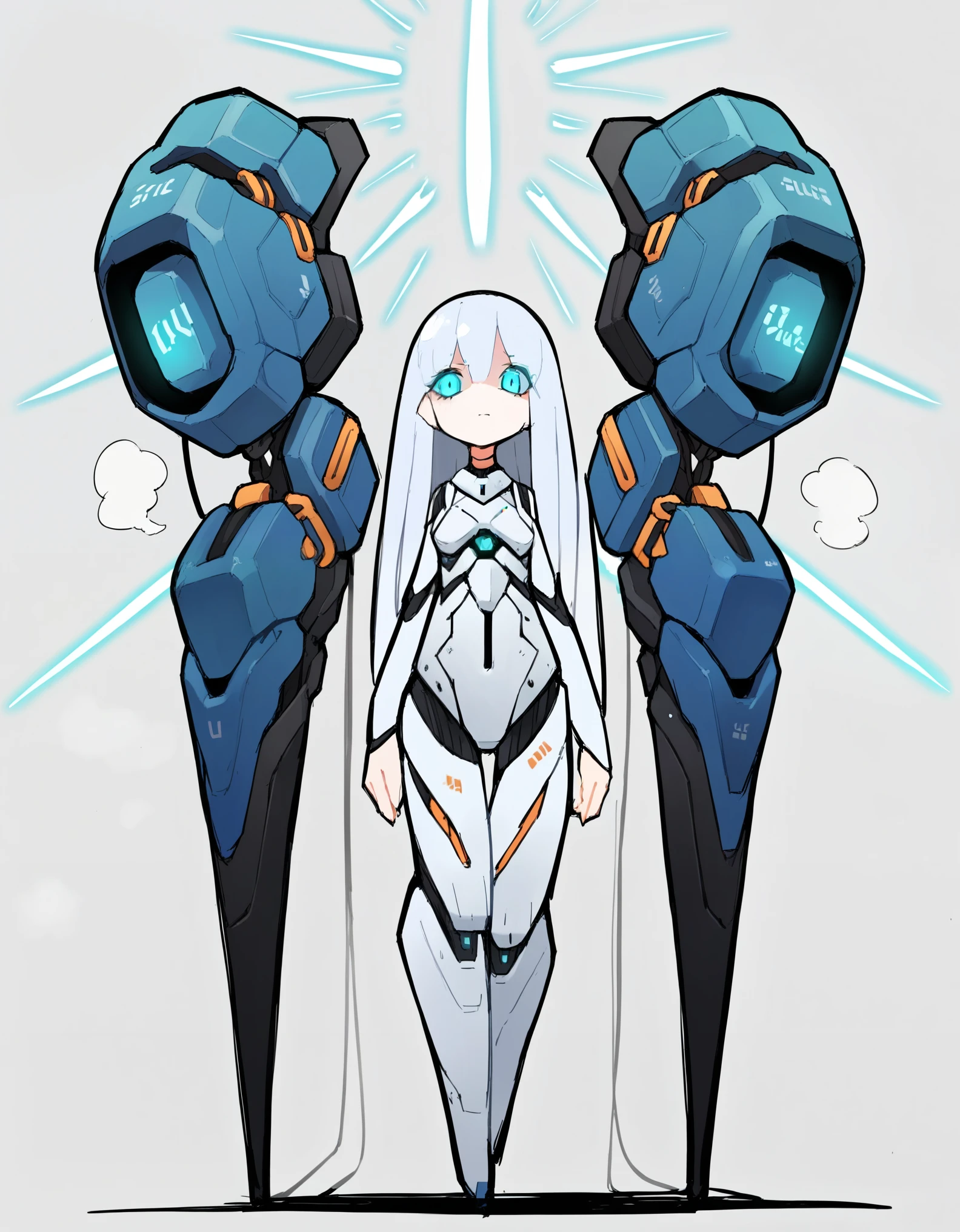 score_9, score_8_up, score_7_up, score_6_up, score_5_up, score_4_up, source_anime, BREAK solo, android female,pale_skin, long_hair, white_hair,blue_eyes, standing, curvy,glowing_eye, incubation vat, steam, cables in the _background