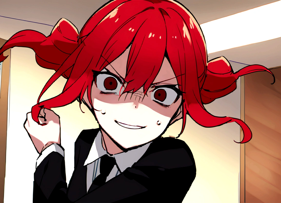 Red hair、Black suit、punch、Scary smile、office、Daytime、punching,Front facing,Momentum、Front facing