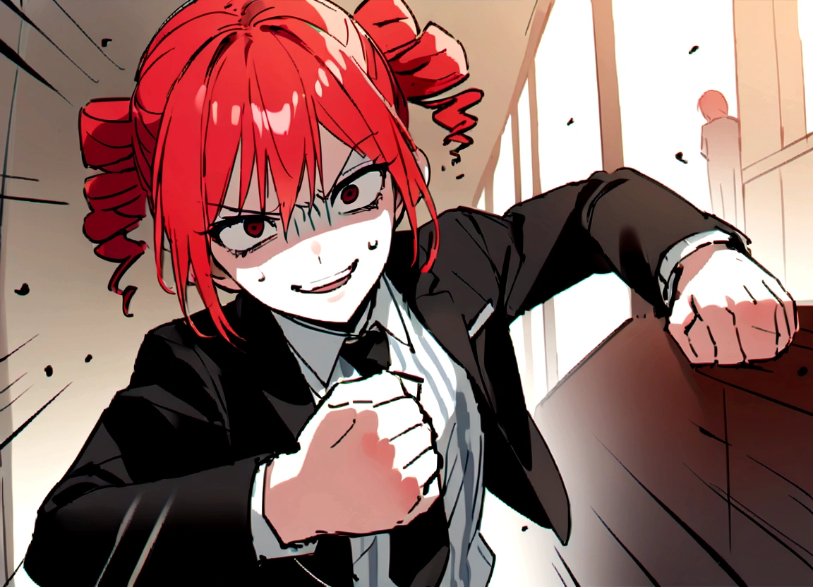 Red hair、Black suit、punch、Scary smile、office、Daytime、punching,Front facing,Momentum、Front facing