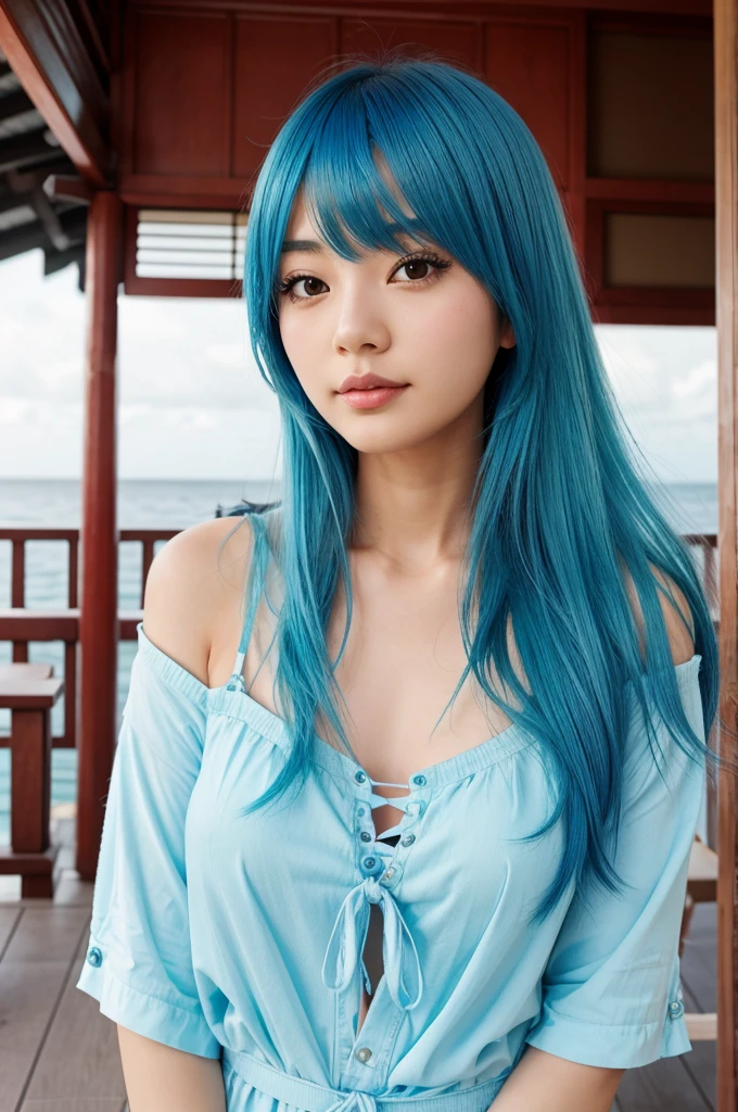 A ocean blue hair type girl with japenese high