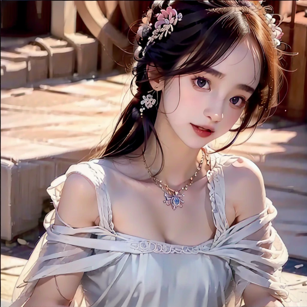 (msterpiece:1.3), (8k, RAW photo, best quality: 1.4), beautiful face, beautiful hairstyle, beautiful detailed eyes, beautiful skin, absurdres, attractive, ultra high res, highly detailed,NSFW, 3 girls in abandoned underground basement, big breast,facial close up,necklace,arms behind back,evil smile,knife,light long hair, ultra detailed skin,Heavy makeup, flower hairpin, naked,colorful patterned lace dress, dirty ground,on a rock,bondage,dirty rock,half body,