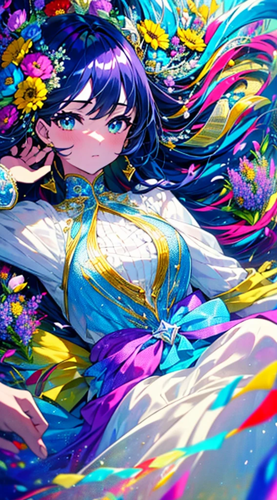 (Highest quality,Super detailed),One girl,Beautifully detailed backgrounds,Colorful Dresses,Clear details,Beautiful art, (Surrounded by colorful flowers