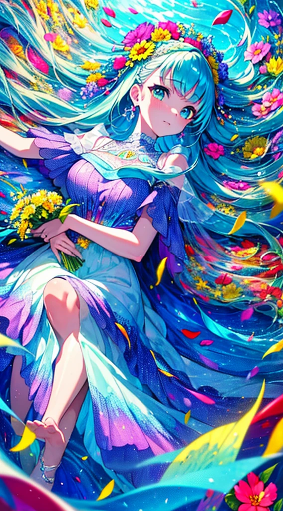 (Highest quality,Super detailed),One girl,Beautifully detailed backgrounds,Colorful Dresses,Clear details,Beautiful art, (Surrounded by colorful flowers