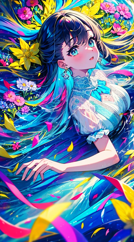 (Highest quality,Super detailed),One girl,Beautifully detailed backgrounds,Colorful Dresses,Clear details,Beautiful art, (Surrounded by colorful flowers