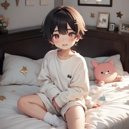 boy in male , 1 Boy, , Cute Boy, small, Caucasian pink skin, Short black hair in a two-block style., red eyes, Wear black, loose-fitting shorts., Take off your shirt., sitting on the bed, Lean body,