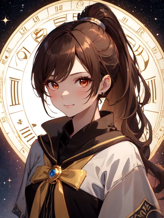 Horoscope, fortune teller, Cute face:1.5, Petite:1.5, 15 years old, Long Hair:1.5, ponytail, Brown Hair, uhd, retina, masterpiece, ccurate, anatomically correct, textured skin, super detail, high details, high quality, best quality, highres, 4K