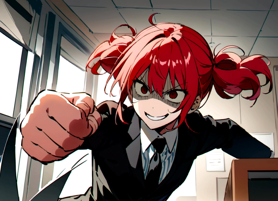 Red hair、Black suit、punch、Scary smile、office、Daytime、punching,Front facing,Momentum、Front facing、indoor