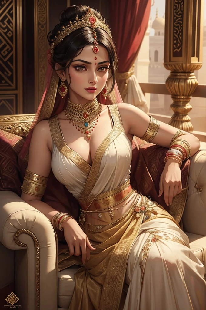 Generate a photorealistic digital artwork of Maharani Laxmibai dressed in a stunning gown that subtly reflects her identity as a Muslim. Her hairstyle should be elegant, perhaps styled in a sophisticated bun or adorned with traditional accessories. Her face should be detailed, with beautiful eyes, long lashes, and stunning lipstick. Depict her sitting gracefully on a luxurious couch inside an Arabian palace, surrounded by intricate patterns and ornate decor. Ensure the artwork captures a sense of her regal presence and cultural richness, while subtly incorporating elements that reflect her embracing Islam.