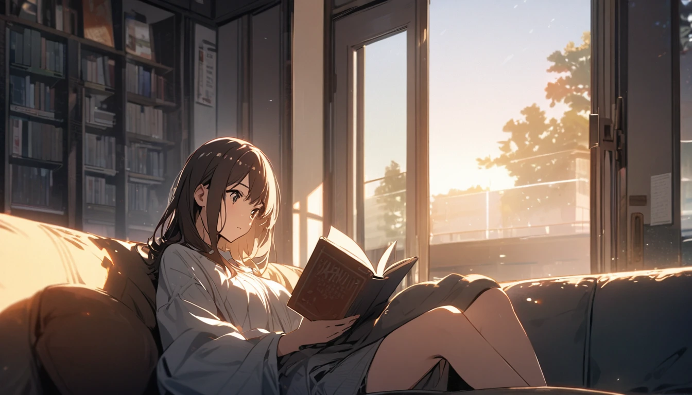 Girl sitting on sofa reading a book,In front of a large window,Morning sunlight,Streetscape