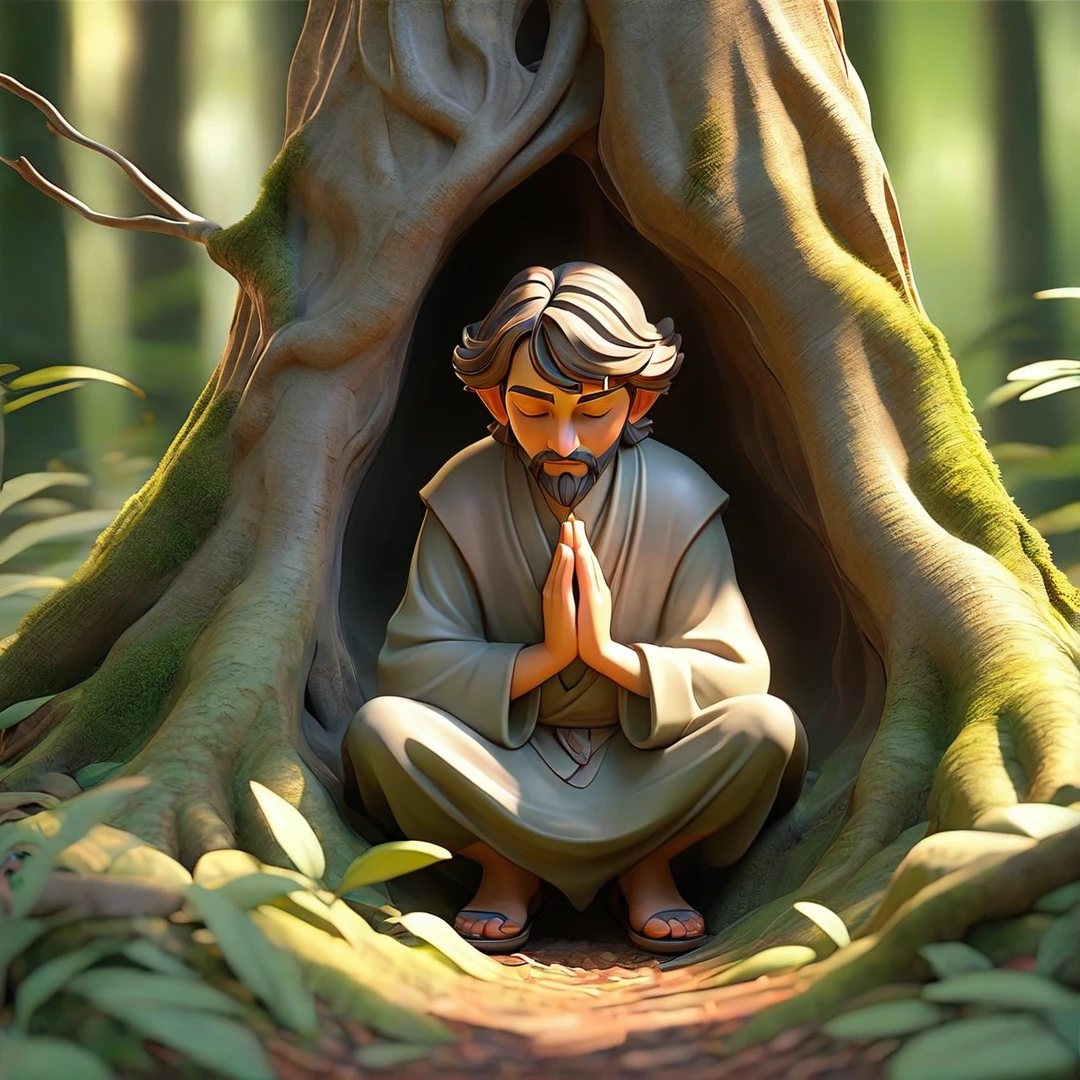 Sob a serene glass, on a peaceful day, a man in the forest , in voracious prayer. Bible in hands, words of light, Seek the comfort that faith always translates. The shadow of the tree, shelter and refreshment, A sacred encounter, an ethereal moment. With eyes closed and heart open, Pray fervently, search for the right path. Every leaf that falls, a divine whisper, Guiding your words, showing the destination. On sacred ground, your soul surrenders, To God omnipresent, his life he extends. under the tree, symbol of life and shelter, A man and his faith, in an old dialogue. kneeling in prayer, her strength she renews.