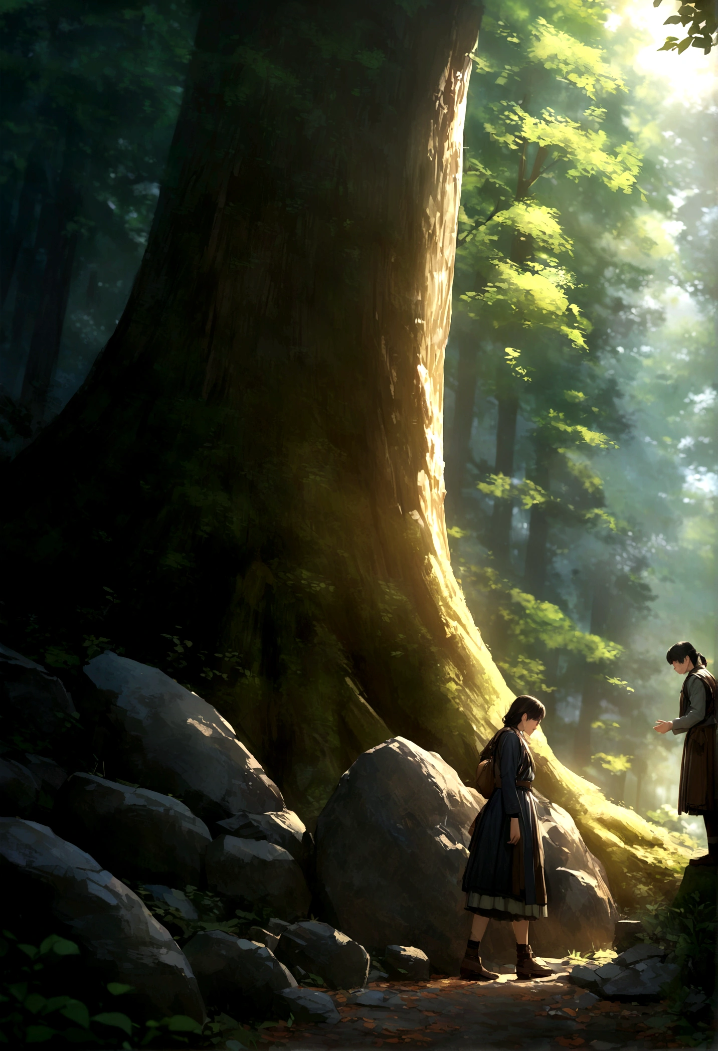 ((Highest quality)), ((masterpiece)), (detailed), Realistic、forest、Rough Stone、At the foot of the tree、Rough Stone埋める作業、live-action、エメラルドのRough Stone、Work scene
