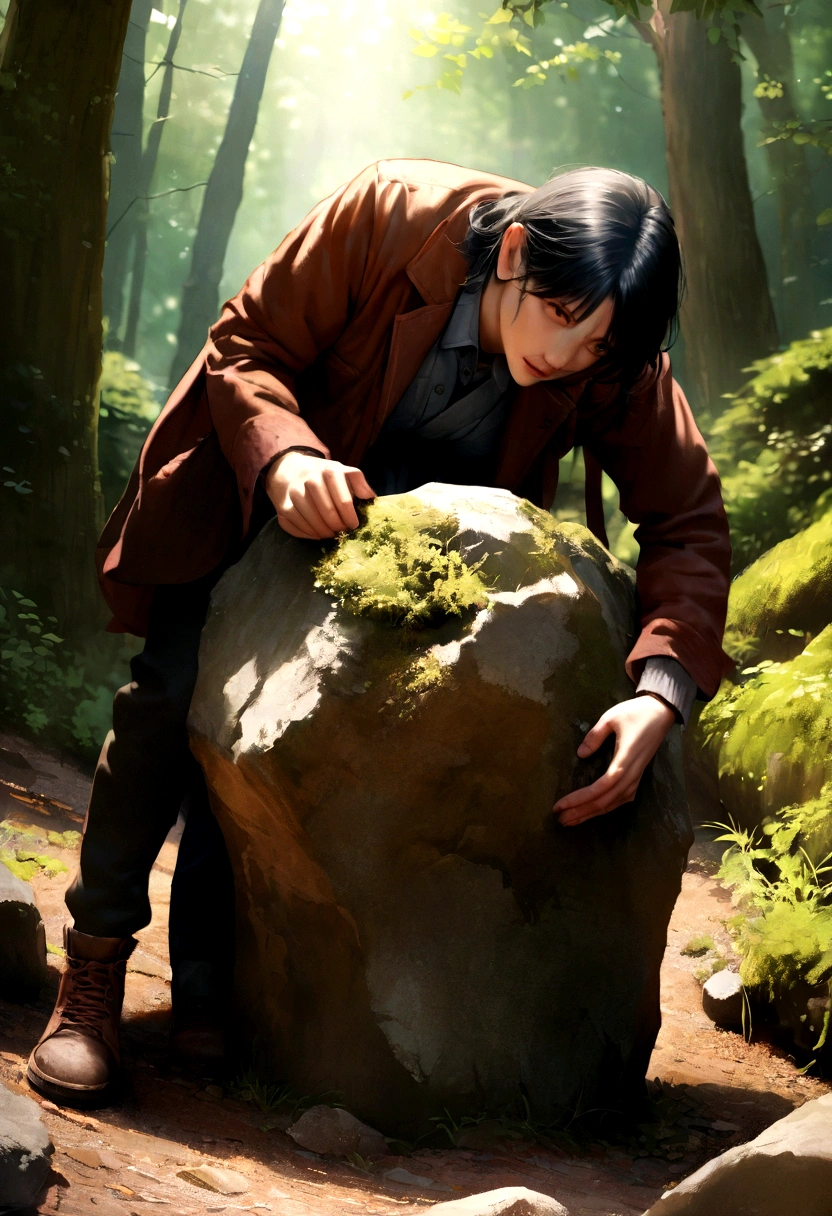 ((Highest quality)), ((masterpiece)), (detailed), Realistic、forest、Rough Stone、At the foot of the tree、Rough Stone埋める作業、live-action、エメラルドのRough Stone、Work scene