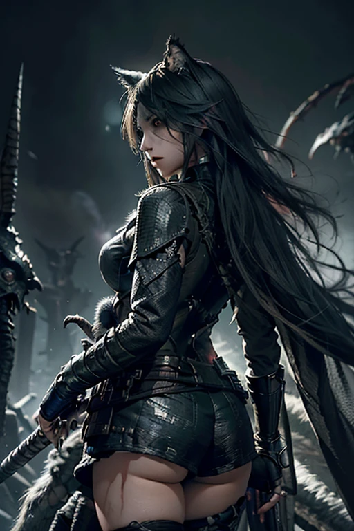 "The Last Anaconda Amazon" Beautiful woman, cold face, no horns, have an anaconda tail behind her butts, scary tail, have a thousand arms, an ancient witch, wear a full-mask cover face, holding sharply weapon and shield, wear an old-fashioned hood, wear a clothes from Arknights, Bloodborne theme, Arknights theme, dark fantasy, scary theme, green forest, monstrous pet, bloody background, supervillain, evil movement, mercilessly squads.