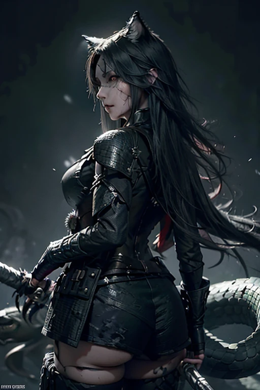 "The Last Anaconda Amazon" Beautiful woman, cold face, no horns, have an anaconda tail behind her butts, scary tail, have a thousand arms, an ancient witch, wear a full-mask cover face, holding sharply weapon and shield, wear an old-fashioned hood, wear a clothes from Arknights, Bloodborne theme, Arknights theme, dark fantasy, scary theme, green forest, monstrous pet, bloody background, supervillain, evil movement, mercilessly squads.