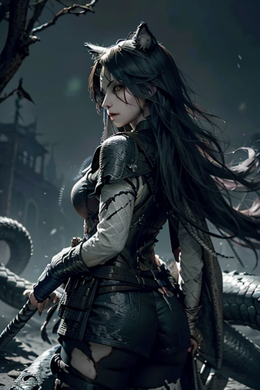 "The Last Anaconda Amazon" Beautiful woman, cold face, no horns, have an anaconda tail behind her butts, scary tail, have a thousand arms, an ancient witch, wear a full-mask cover face, holding sharply weapon and shield, wear an old-fashioned hood, wear a clothes from Arknights, Bloodborne theme, Arknights theme, dark fantasy, scary theme, green forest, monstrous pet, bloody background, supervillain, evil movement, mercilessly squads.