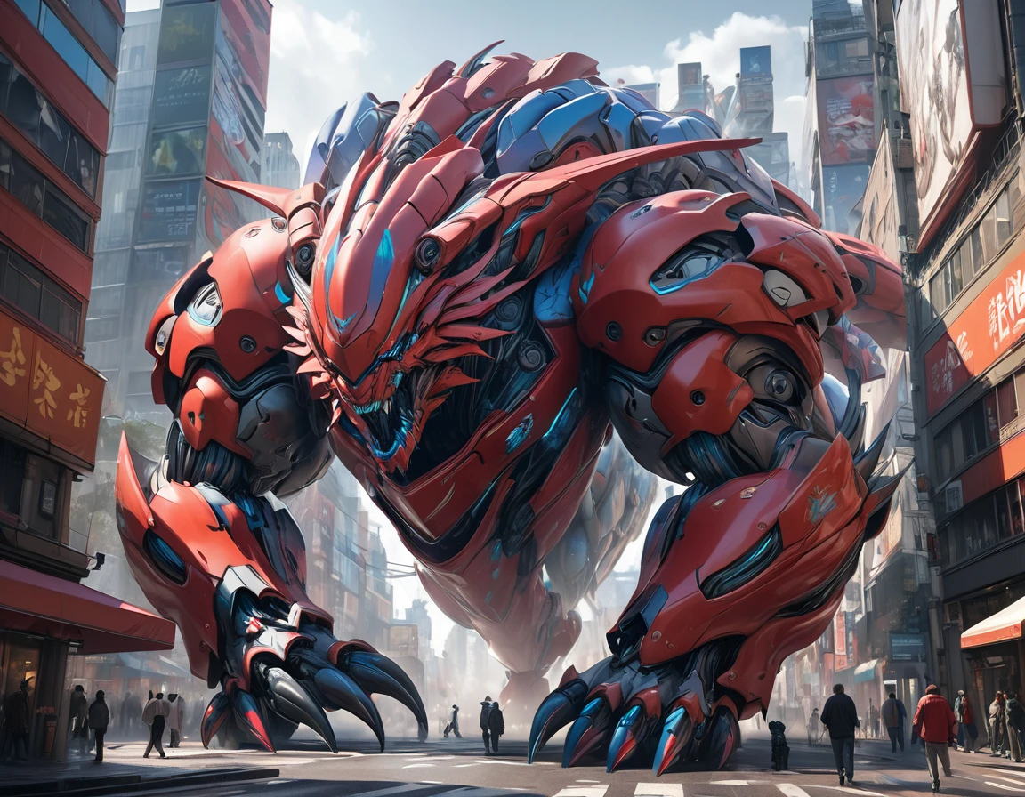 Ultra-realism, ((masterpiece)), ((Highest quality)), (Very detailed), ((Very detailed)), 4K, (8K), so beautiful, Absurd Hi-Res, Create artwork depicting giant mechanical beasts set in a futuristic urban environment. This beast has complex armor plating、Decorated with vibrant colors。, Probably blue and red, In contrast to the muted colors of the city. Dynamic and powerful, It&#39;s as if they were caught in motion.、The play of light and shadow emphasizes the texture of the metal.。. The background features skyscrapers and neon signs.、Emphasises high-tech world setting。balackcolor