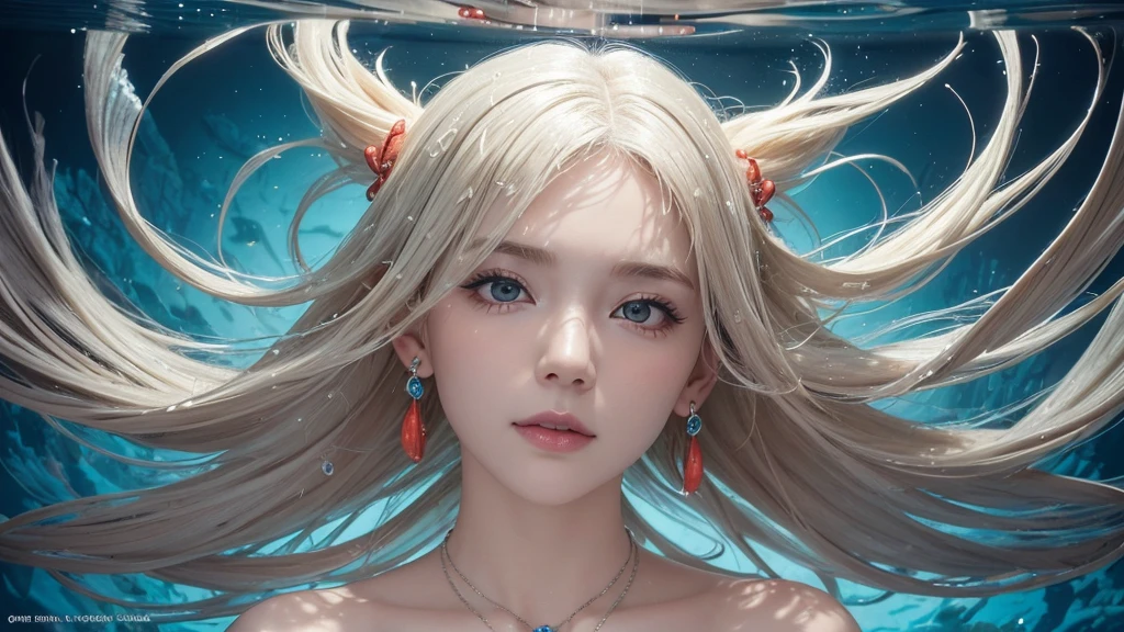 （Highest Quality Realistic Textured Skin),(terrible),(OK, round, Symmetrical eyes),Delicate facial features,(Burning bright cold eyes),(She has a mischievous smile),(Her face is kind and beautiful),Glass earrings in the ears,,(blonde),(Silvery white hair),(Chestnut Hair),(Swim at the bottom of the ocean)，(Full body portrait:1.5),(Dramatic Photos:1.4),(Dramatic Pose),(Flashy photos)(look up),(Looking down),(Around her neck is a simple necklace made with exquisite craftsmanship.),Cluttered photos，(Hair flowing in water:1.5),(Underwater, Life at sea, 美しいCoral Reef, fish),(Background vortices and currents),(Dramatic Light),(Nice views),(美しいfishに囲まれて),遠くの背景にはCoral Reefに沈んだ寺院が見える,Coral Reef,Spectacular realism,Cinematic atmosphere,(High-density image review:1.5),(Soft colors:1.2),Very detailed,Dramatic Light,(Intricate details:1.1),Complex background,