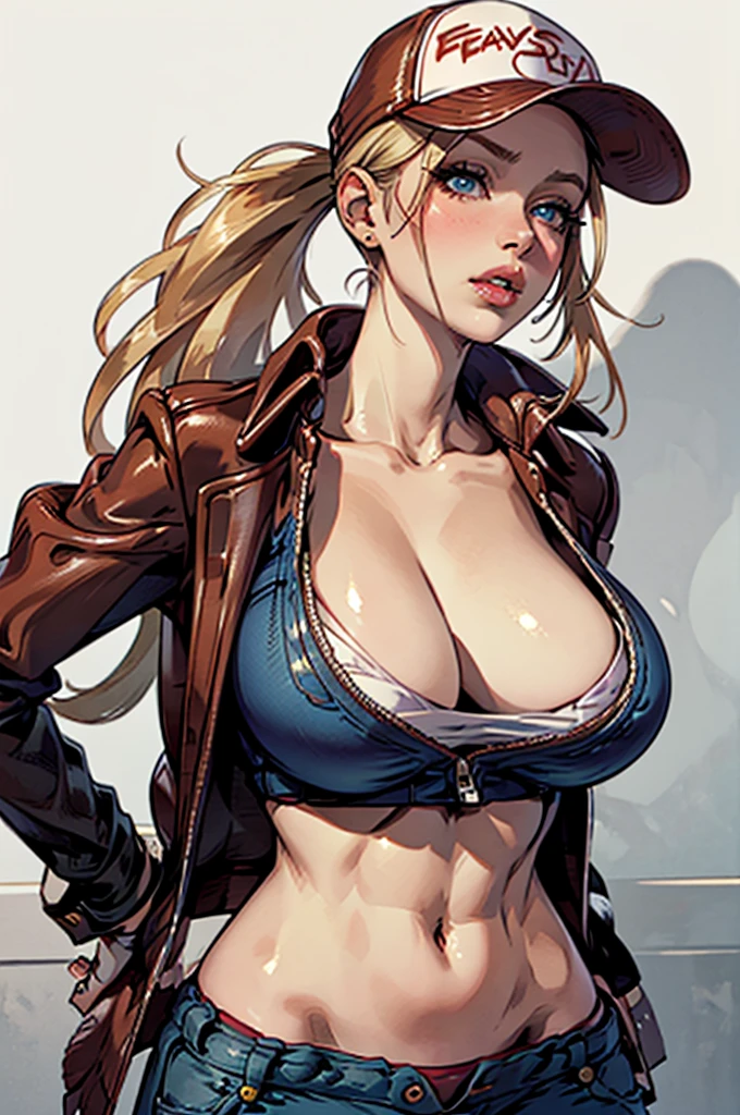 photography, bokeh, highres, ultra detailed, intricate details, absurdres, masterpiece, BREAK
1girl, beautifully detailed woman, beautifully detailed mouth, extremely detailed eyes and face, beautiful detailed eyes, matte eyeshadow, eyelashes, eyeliner, ultra glossy lipstick, (pouty lips:1.3), makeup, blush, BREAK
detailed background, BREAK
terry bogard girl, blonde hair, ponytail, blue eyes, long hair, baseball cap, fingerless gloves, denim shorts, sexy pose, cowboy shot, BREAK, huge breasts