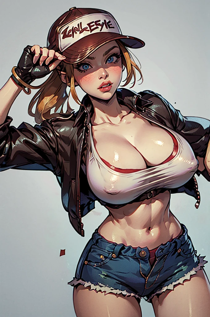 photography, bokeh, highres, ultra detailed, intricate details, absurdres, masterpiece, BREAK
1girl, beautifully detailed woman, beautifully detailed mouth, extremely detailed eyes and face, beautiful detailed eyes, matte eyeshadow, eyelashes, eyeliner, ultra glossy lipstick, (pouty lips:1.3), makeup, blush, BREAK
detailed background, BREAK
terry bogard girl, blonde hair, ponytail, blue eyes, long hair, baseball cap, fingerless gloves, denim shorts, sexy pose, cowboy shot, BREAK, huge breasts