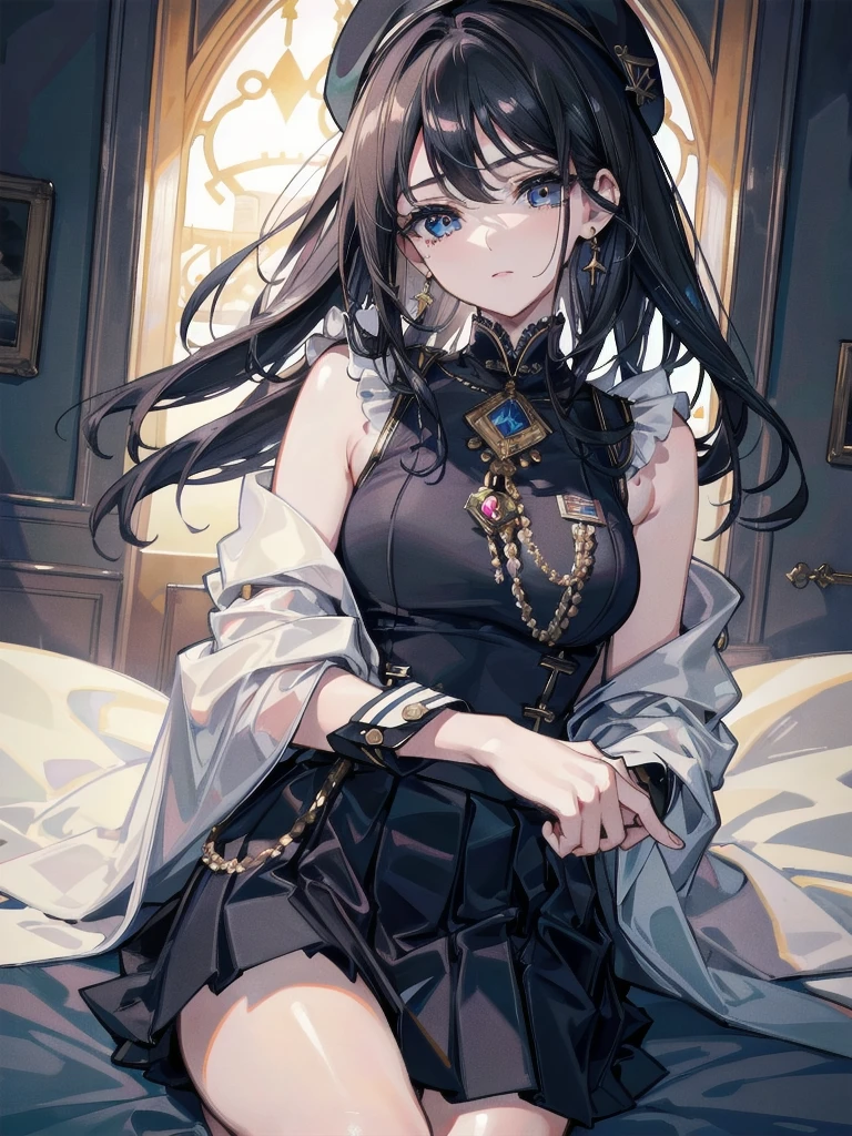 absurdres, RAW photo, extremely delicate and beautiful, masterpiece, Best Quality, ultra high resolution, 32k, hyperrealistic, ultra-detailed, delicate facial features, beautiful detailed woman, tearful mole, earring, medium breasts, full body shot, medium hair, black hair, asymmetrical hair, beret, skirt, military uniform,