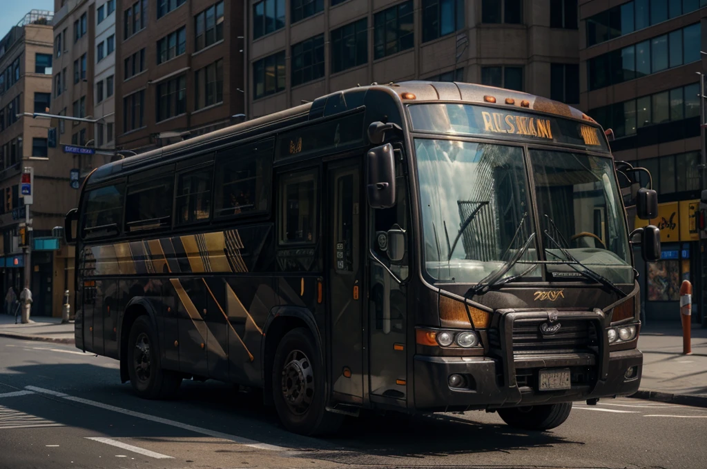 a detailed illustration of a bus, highly detailed, photorealistic, 8k, best quality, hyper realistic, intricate, ornate, complex, dynamic composition, dramatic lighting, rich colors, warm tones, glowing highlights, reflective surfaces, intricate details, complex textures, weathered exterior, graffiti on the side, passengers visible through the windows, city street background, rush hour traffic, pedestrians on the sidewalk