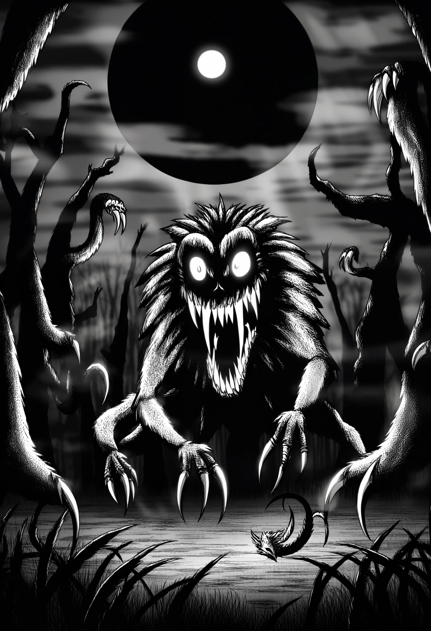 "Beware of the Werekangaroo", dark forest, full moon, night sky, werekangaroo, menacing expression, sharp claws, glowing eyes, dramatic lighting, horror theme, vintage style, cinematic effects, eerie atmosphere, ominous text, dynamic pose, high contrast, intricate details, horror movie, detailed background, text