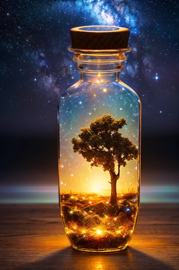 masterpiece、Highest quality、（A very delicate and beautiful starry sky scene trapped in a bottle）、World Masterpiece Theatre、High resolution equirectangular projection、Highest quality、Awareness-raising、material、canvas、oil、realism、Realistic