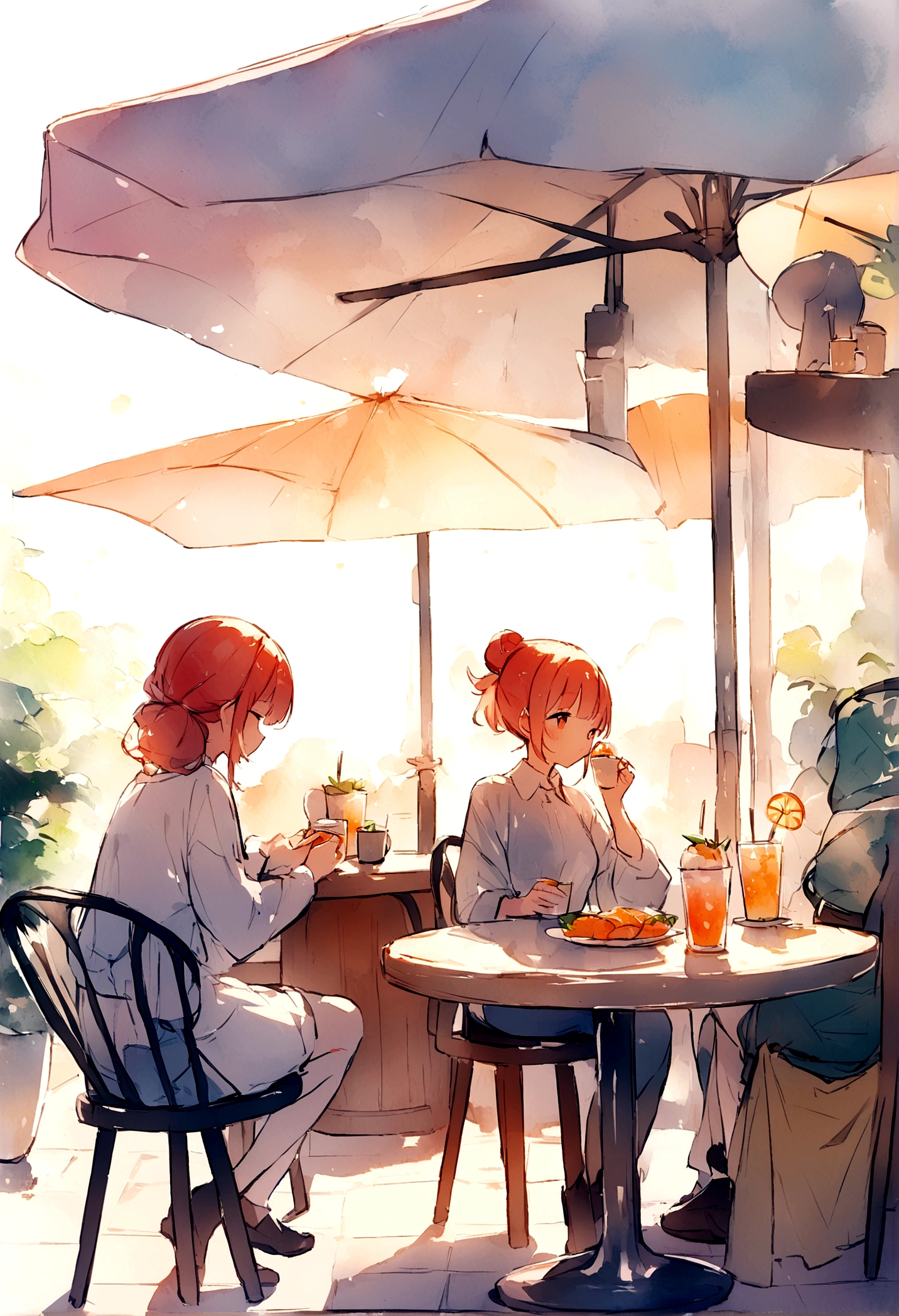 top-quality、masterpiece、softfocus , Bright gradient watercolor , dreamy , White background、Kizi、cafes