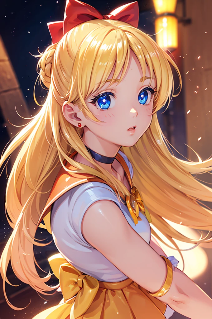 High resolution, A face with attention to detail, Venus 1, 1 Girl, alone, Sailor Warrior Uniforms, Sailor Venus, aino minako, Blonde, Magical girl, blue eyes, Orange Skirt, Elbow-length gloves, tiara, Pleated skirt, Hair ribbons, Orange Sailor Necklace, mini skirt, choker, Red Bow, orange choker, White gloves, Very long hair, jewelry, Earrings, Show me her perfect beautiful ass, Small white thong ass, Very sexy nice ass, 超High resolution, Movie angle, Professional Lighting, Highest quality, masterpiece, Side Lighting, sharp, Perfect focus, Bokeh, photoRealistic, (Beautiful, detailed eyes: 1.3), Realistic, (3D Face:1.1), (Shiny skin:1.5), (超High resolution intricate face details), (Facial skin pores:1.3), 超High resolution cloth texture, 8k eye detail