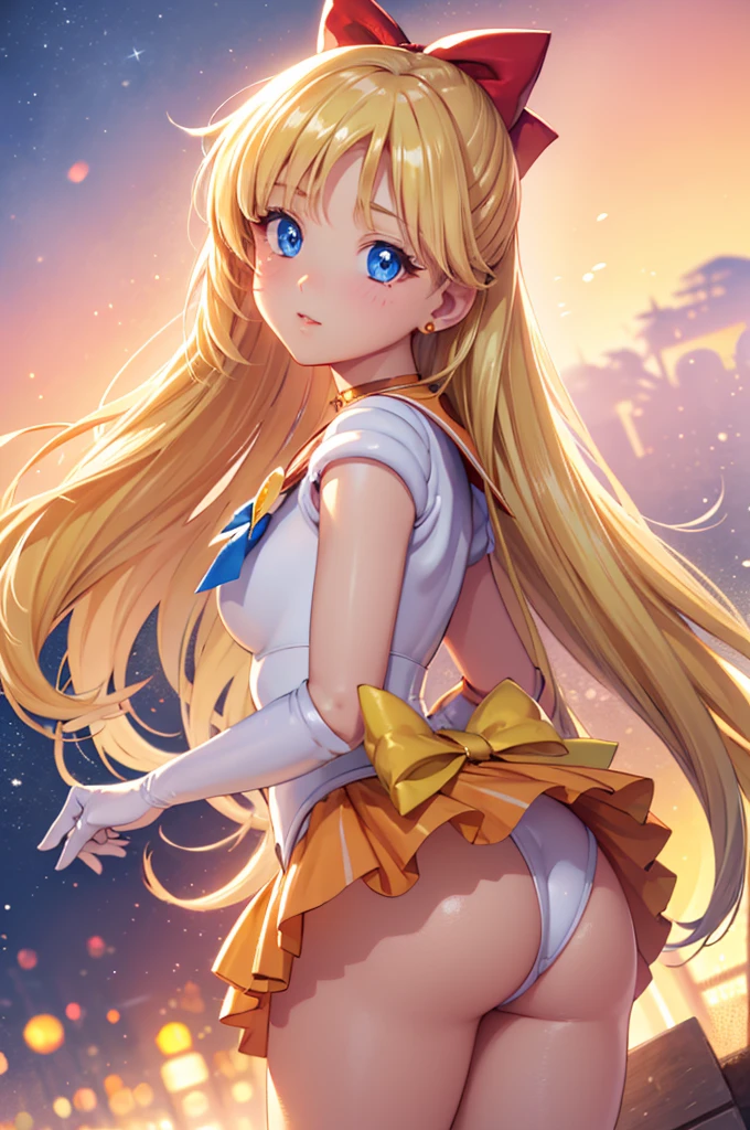 High resolution, A face with attention to detail, Venus 1, 1 Girl, alone, Sailor Warrior Uniforms, Sailor Venus, aino minako, Blonde, Magical girl, blue eyes, Orange Skirt, Elbow-length gloves, tiara, Pleated skirt, Hair ribbons, Orange Sailor Necklace, mini skirt, choker, Red Bow, orange choker, White gloves, Very long hair, jewelry, Earrings, Show me her perfect beautiful ass, Small white thong ass, Very sexy nice ass, 超High resolution, Movie angle, Professional Lighting, Highest quality, masterpiece, Side Lighting, sharp, Perfect focus, Bokeh, photoRealistic, (Beautiful, detailed eyes: 1.3), Realistic, (3D Face:1.1), (Shiny skin:1.5), (超High resolution intricate face details), (Facial skin pores:1.3), 超High resolution cloth texture, 8k eye detail