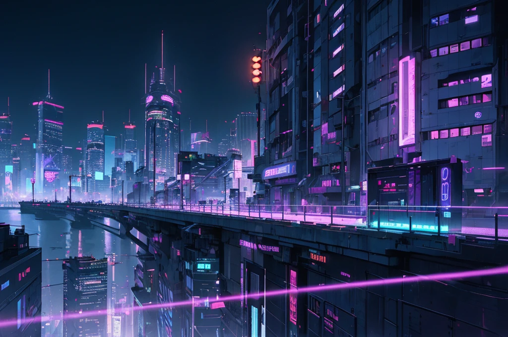 cyberpunk city, neon light, ight, HDR, futuristic building, purple light, purple moon, purple theme, traffic light, 4k resolution, landscape, depth of field