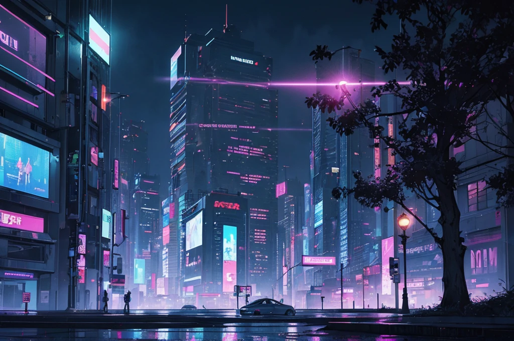 cyberpunk city, neon light, ight, HDR, futuristic building, purple light, purple moon, purple theme, traffic light, 4k resolution, landscape, depth of field