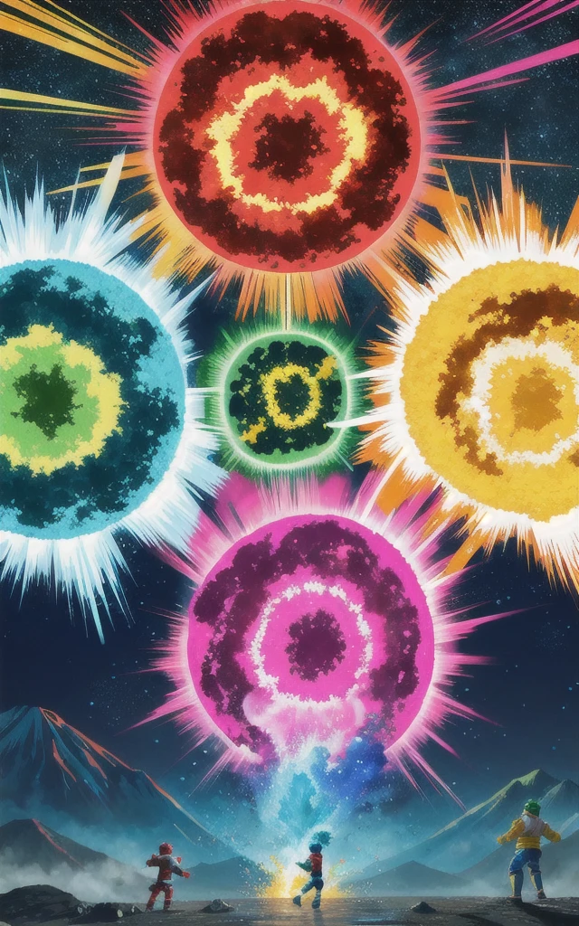 tokusatu, sentai, five People, red, green, blue, Yellow, pink, mountain, explosion
