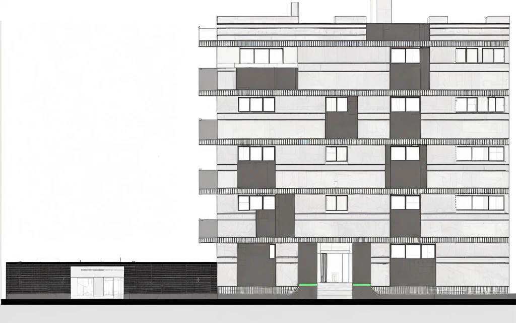 a drawing of a tall building with a green line on the side, elevation view, freddy mamani silvestre facade, full building, building facing, street elevation, architectural section, by Pedro Álvarez Castelló, flat 2 d, mid-view, architectural rendering, architectural render, by João Artur da Silva, architectural illustration, architectural plan, flat drawing
