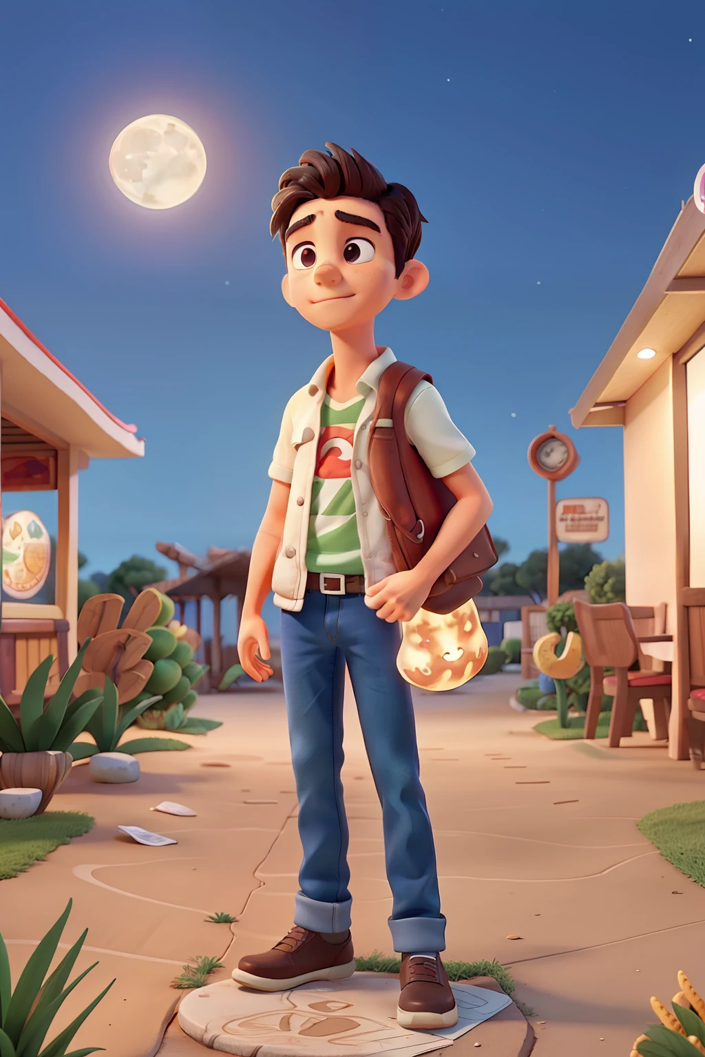 Describe a scene from a map of Mexico illustrated with fast food and the flag, on a full moon night. A young man stands looking at the map with a longing expression in his eyes. Fast food restaurant lights illuminate the map and illustrations, while the moonlight reflects on the map, creating a magical effect. The smell of fast food fills the air, while an ever present noise is heard in the background.
