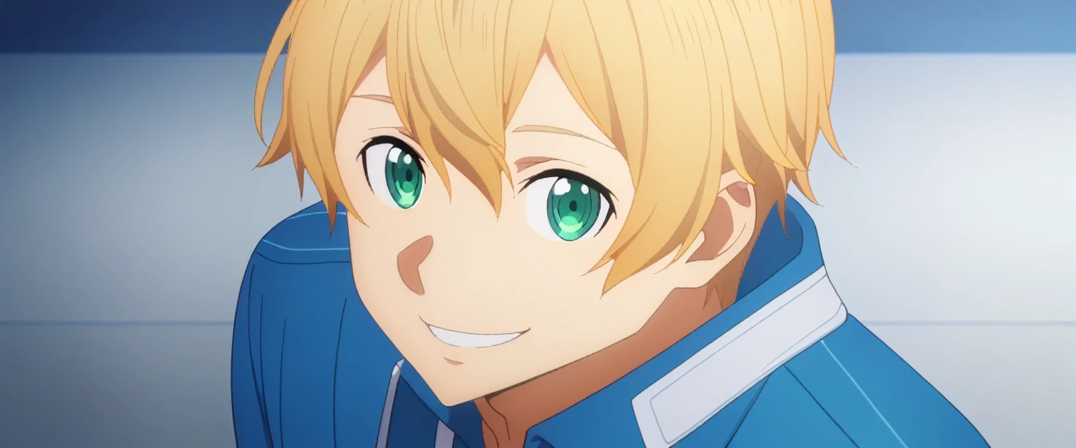 score_9,  eugeo, 1boy, bangs, deepblue hoodie, blue overcoat, blonde hair, blue eyes, smile, eugeo, green eyes, long sleeves, looking at viewer, male focus, blue pants, solo