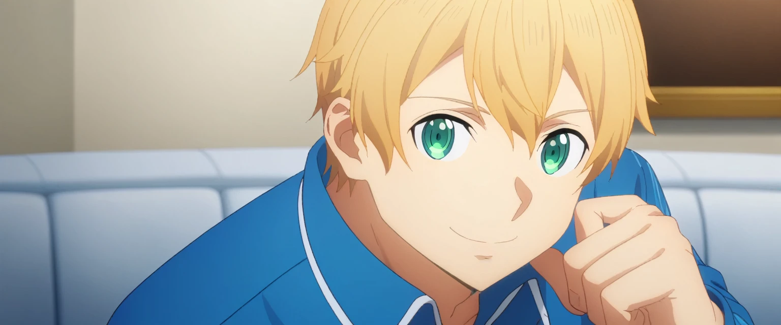 score_9,  eugeo, 1boy, bangs, deepblue hoodie, blue overcoat, blonde hair, blue eyes, smile, eugeo, green eyes, long sleeves, looking at viewer, male focus, blue pants, solo