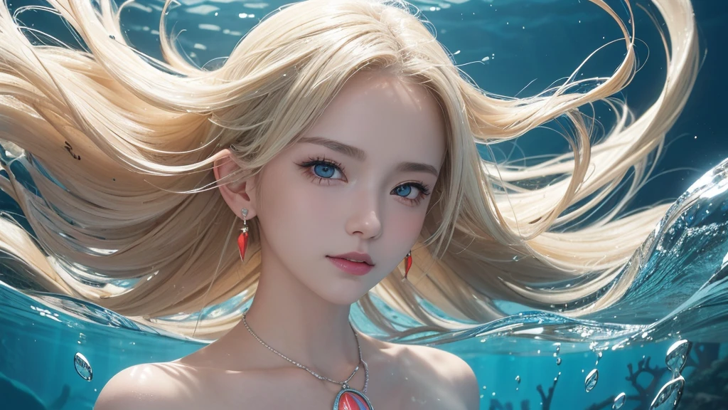 (Highest Quality Realistic Textured Skin),(terrible),(OK, round, Symmetrical eyes),Delicate facial features,(Burning bright cold eyes),(She has a mischievous smile),(Her face is kind and beautiful),Glass earrings in the ears,,(blonde),(Silvery white hair),(Chestnut Hair),(Swim at the bottom of the ocean),(Full body portrait:1.5),(Dramatic Photos:1.4),(Dramatic Pose),(Flashy photos)(look up),(Looking down),(Around her neck is a simple necklace made with exquisite craftsmanship.),Cluttered photos,(Hair flowing in water:1.5),(Underwater, Life at sea, 美しいCoral Reef, fish),(Background vortices and currents),(Dramatic Light),(Nice views),(美しいfishに囲まれて),遠くの背景にはCoral Reefに沈んだ寺院が見える,Coral Reef,Spectacular realism,Cinematic atmosphere,(High-density image review:1.5),(Soft colors:1.2),Very detailed,Dramatic Light,(Intricate details:1.1),Complex background,