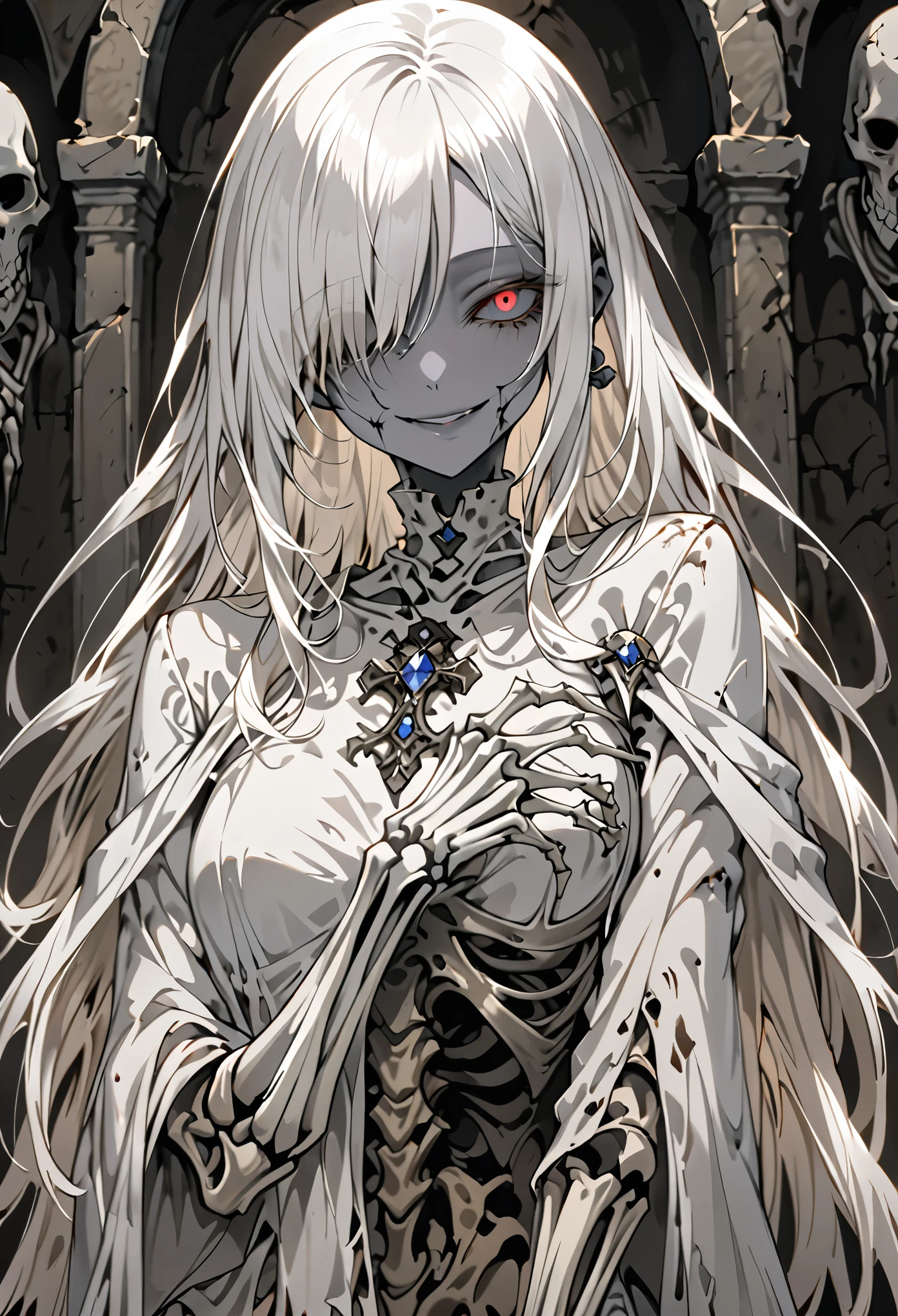 solo, female, grey skin, long white hair, silver brooch, dry body:1.2, empty sockets:1.5, no eyes, decayed body, SFW, smile, curtsey pose, dressed in rags, graceful, ancient, crypt, close up, her skeleton is visible through her skin, gore